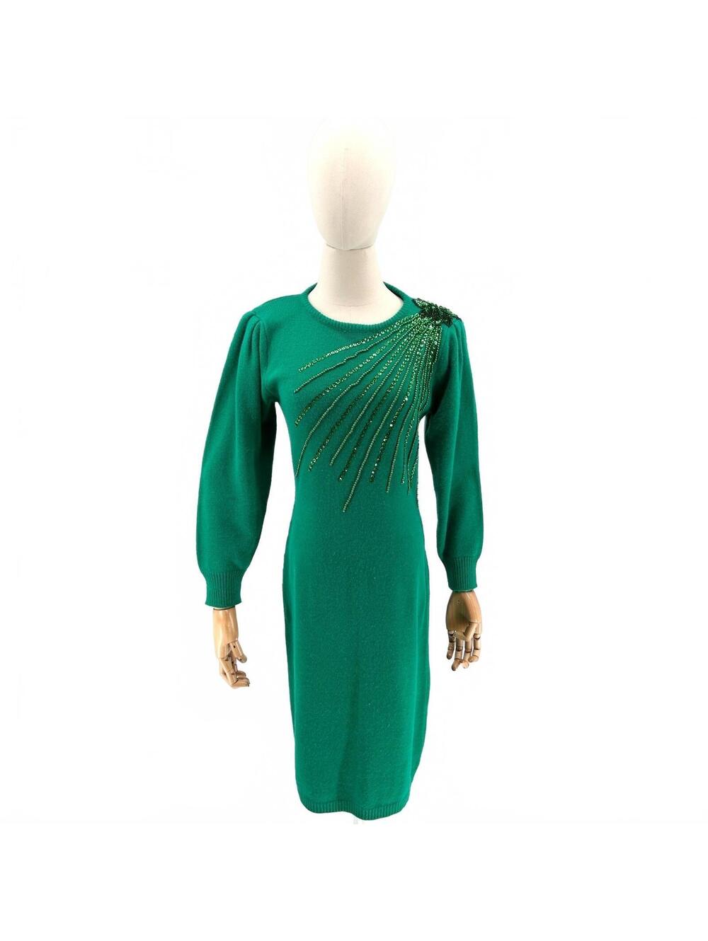 Vintage 80s Interim Green Sequin Burst Sweater Dress